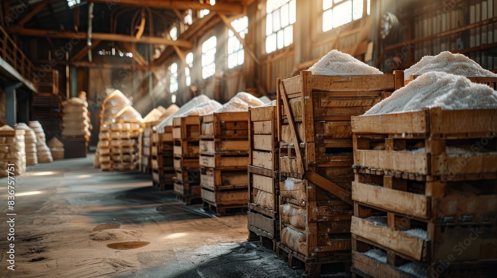 Packed wooden crates filled with rice sacks stacked in a warehouse, industrial setting with soft sunlight filtering through windows Packed wooden crates filled with rice sacks stacked in a warehouse, industrial setting with soft sunlight filtering through windows