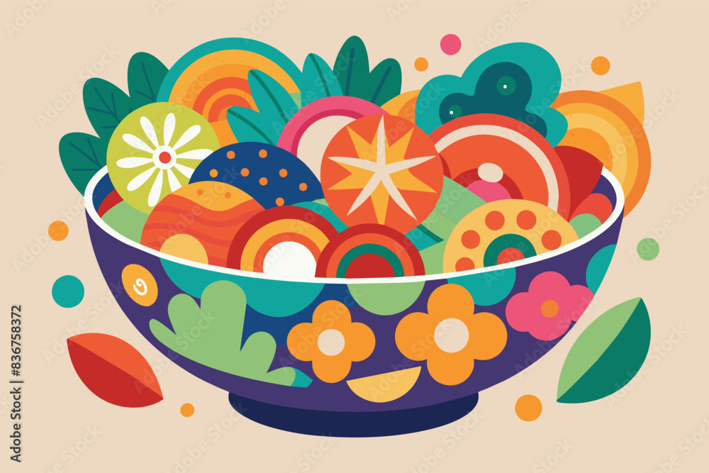 a bowl of food with vegetables and fruits, Terracotta bowl filled with colorful, abstract shapes representing a healthy breakfast a bowl of food with vegetables and fruits, Terracotta bowl filled with colorful, abstract shapes representing a healthy breakfast