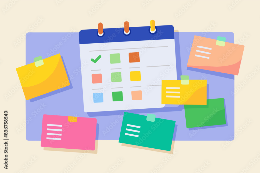 a calendar with sticky notes and a pen, Playful vector artwork colorful sticky notes with reminders and meeting schedules in clean layout a calendar with sticky notes and a pen, Playful vector artwork colorful sticky notes with reminders and meeting schedules in clean layout