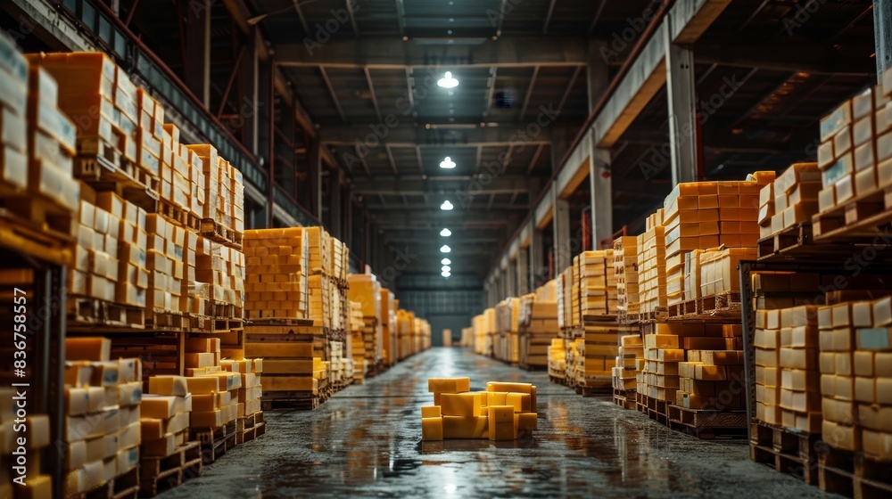 Packed crates of cheese arranged on a loading dock, ready for shipment, under industrial lighting Packed crates of cheese arranged on a loading dock, ready for shipment, under industrial lighting