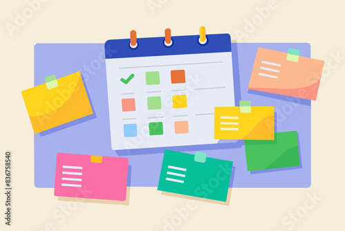a calendar with sticky notes and a pen, Playful vector artwork colorful sticky notes with reminders and meeting schedules in clean layout