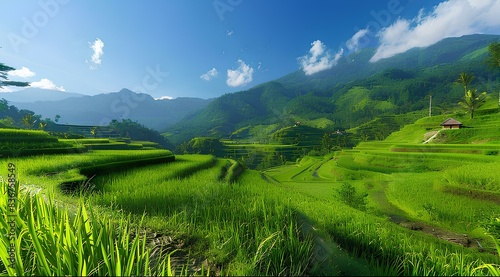 Agricultural background. Rice terraces with lush green fields and traditional farmhouses. Picturesque agricultural landscape. photo