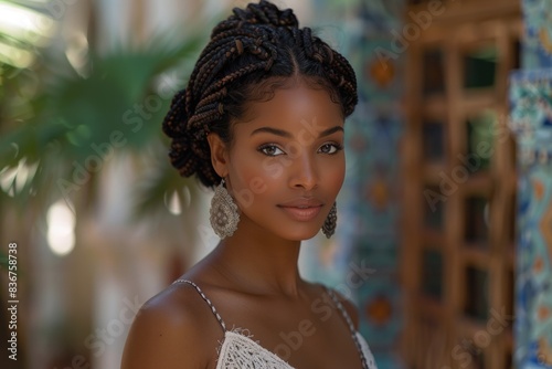Charming appearance - attractive beautiful personality with french , pointed, classic afro, thai, american braids, cornrow hairstyle, highlighting unique braid styles. photo