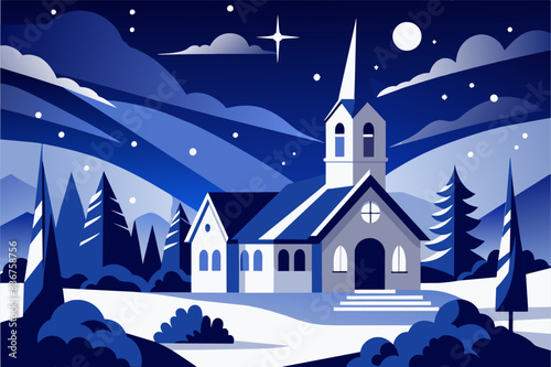 a church in the mountains at night, Minimal vector art, monochromatic blue and white Snow-covered village church with a starry night sky