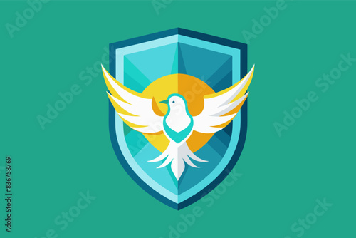 a bird with a leaf head and shield logo with a leaf on it, Minimalist vector artwork shield with a dove, symbolizing peace and protecting vulnerable communities