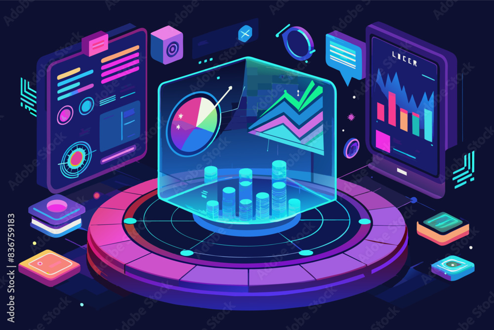 a laptop computer sitting on top of a desk, Futuristic vector design holographic presentation screen displaying interactive data and charts a laptop computer sitting on top of a desk, Futuristic vector design holographic presentation screen displaying interactive data and charts