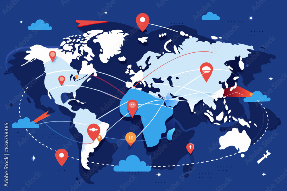 a map with pins and a plane flying around it, Dynamic vector artwork world map with highlighted flight paths connecting global business hubs