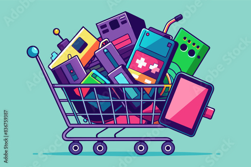 a shopping cart filled with electronic devices, Flat colors, neon accents Overflowing shopping cart with electronics
