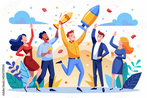 people celebrating with champagne and balloons, Dynamic vector artworkteam celebrating successful project launch with raised champagne glasses