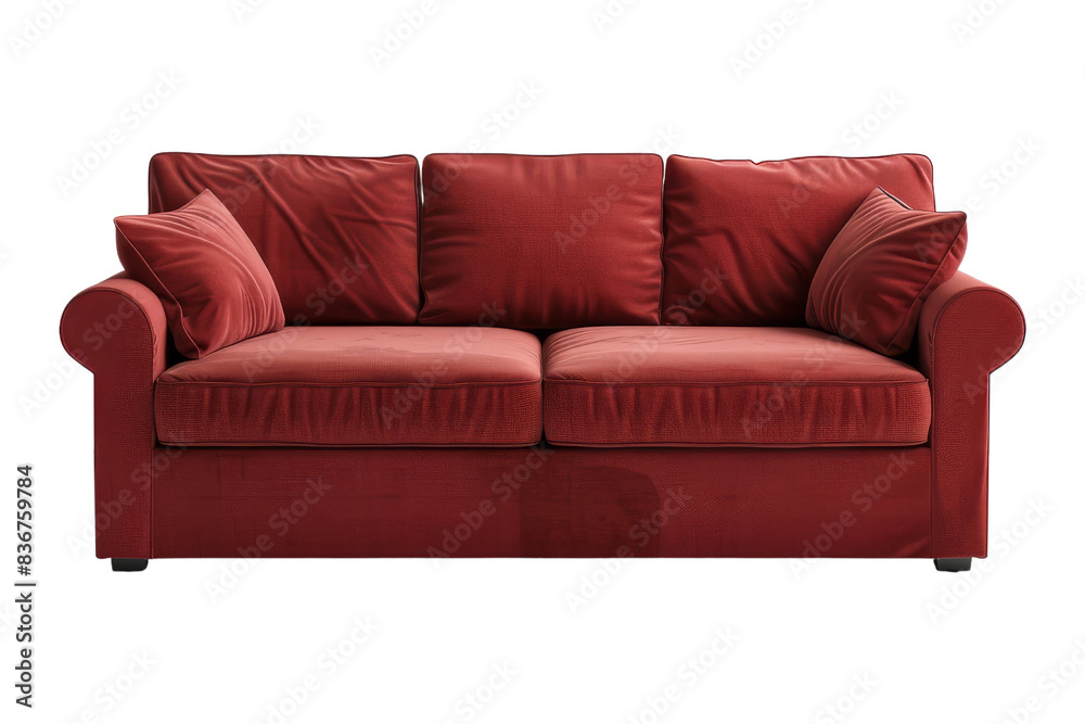 Fototapeta premium Red Sofa with Cushions Isolated on White Background