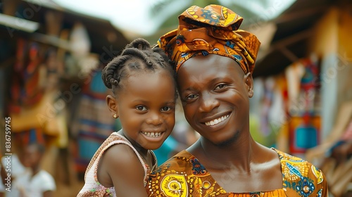 Nigerian family. Nigeria. Families of the World. A smiling man in traditional African attire holding a young girl with a matching headwrap in a vibrant market setting. . #fotw photo