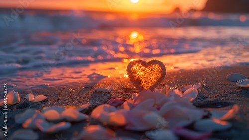 Sunset beach scene with a heart-shaped stone and petals creating a serene and romantic vibe photo