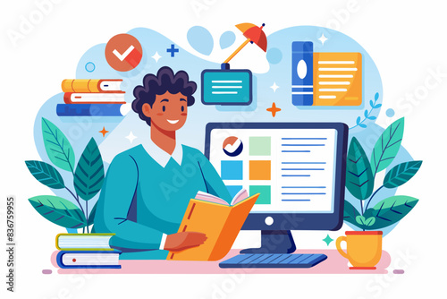 a man sitting at a desk with a book and a computer, Completing lesson online course vector significantly upskills desired field