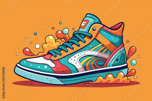 a colorful shoe with water splashes on it, a colorful shoe with a splash of water on it, whimsical vector Illustration well-worn pair sneakers, capturing the essencemovement and exploration