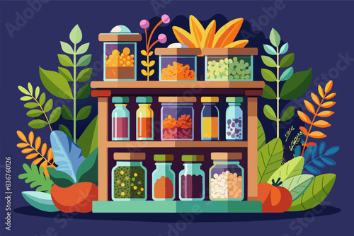 a shelf with jars and plants on it, a shelf with jars and plants on it, whimsical vector Illustration spice rack overflowing with colorful herbs and spices, ready to add flavor to any dish