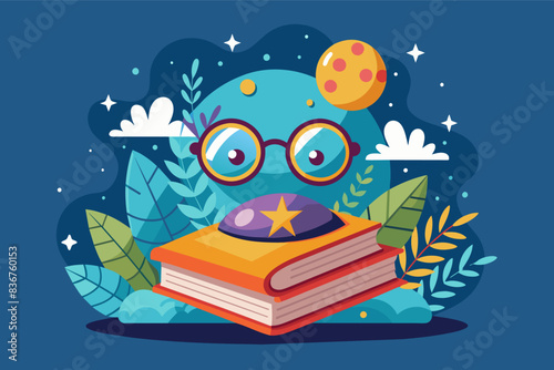 a book with glasses and a bookmark on it, a book with glasses and a bookmark on it, whimsical vector Illustration pairreading glasses perched atop a book, with a bookmark depicting a magical world