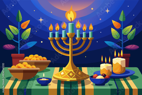 a hanukah dinner with candles and fruit, a hanukah dinner with candles and fruit, warm and inviting menorah casting a golden glow on a traditional Hanukkah dinner