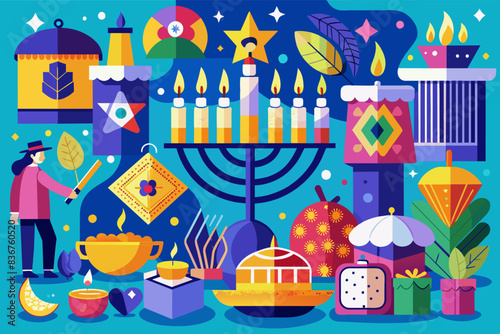 a man is lighting a menorah with candles, a hanukah celebration with a man and woman, vibrant Hanukkah scene incorporating traditional symbols and modern artistic elements