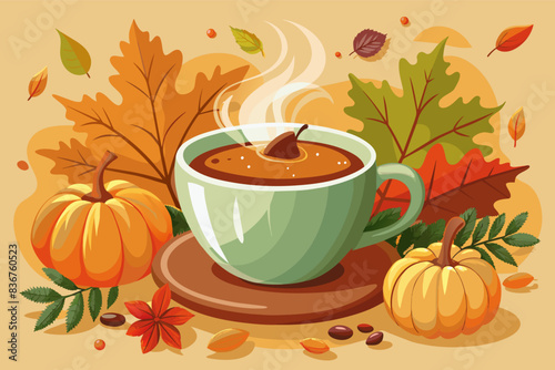 a cup of coffee with a pumpkin and leaves, a cup of pumpkin soup with a pumpkin and leaves, steaming cuppumpkin spice latte surrounded by fallen autumn leaves in a photorealistic style