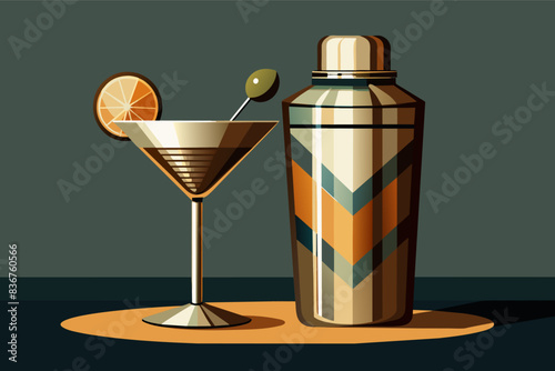 a cocktail shaker with a lemon and a martini glass, a cocktail glass with a lemon and a shaker, Art Deco cocktail shaker with a chrome finish and a single, oversized olive in the cup