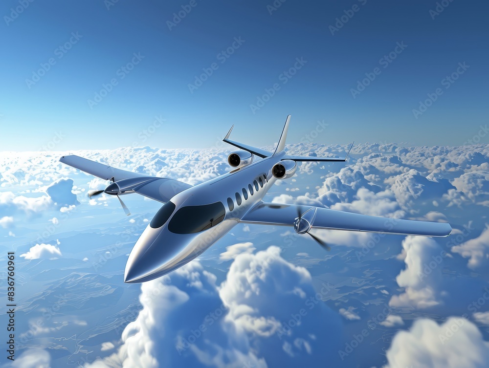 : An electric airplane in flight, showcasing advancements in sustainable aviation technology. : An electric airplane in flight, showcasing advancements in sustainable aviation technology.
