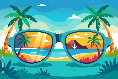 a pair of sunglasses with a beach scene in the reflection, a pair of sunglasses with a beach scene in the reflection, playful vector illustration pair sunglasses
