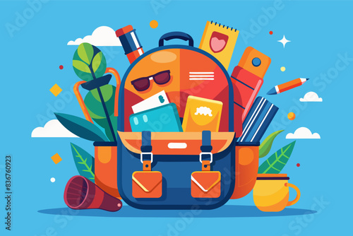 a backpack with school supplies around it, a backpack with school supplies around it, playful vector Illustration backpack overflowing with travel essentials, ready for weekend adventures