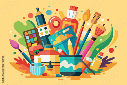 a poster with a bunch of art supplies, a bunch of art supplies and paint brushes, playful vector Illustration collection musical instruments, arranged in a harmonious composition