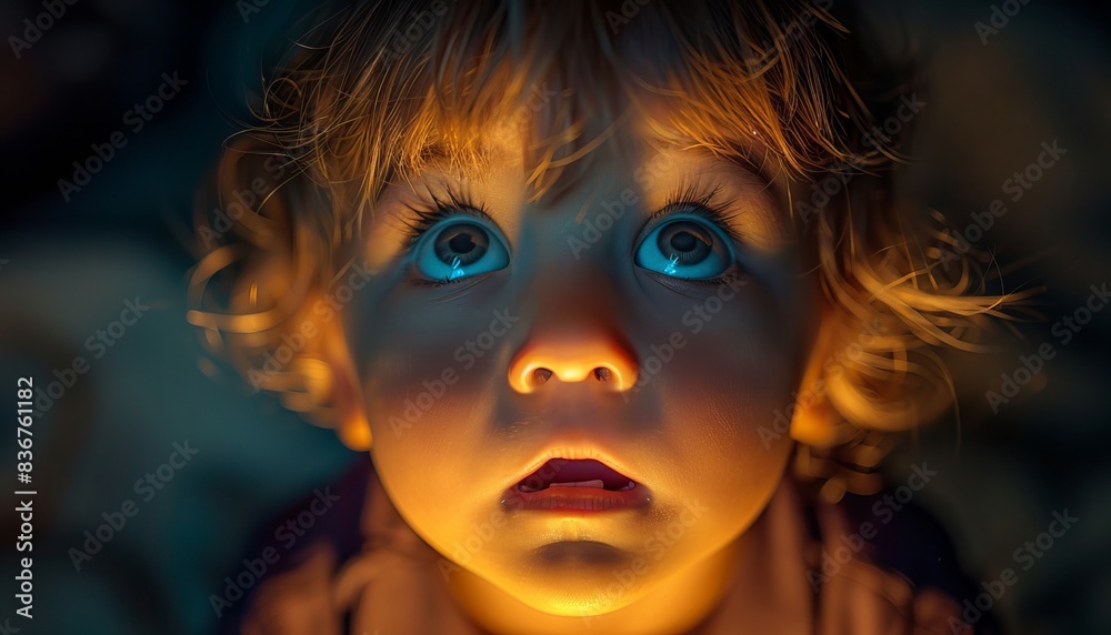 Amazed child with wide blue eyes looking up, illuminated by warm light in a dark environment, depicting wonder and curiosity.
