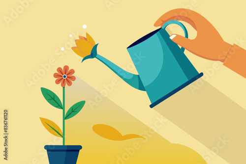 a person watering a flower with a watering can, minimalist vector hand holding a watering can, nurturing a single, delicate flower