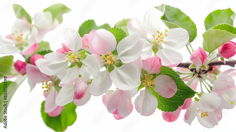 Naklejka premium Beautiful close-up of apple blossoms with delicate white and pink petals, fresh green leaves, and yellow stamens on a white background.