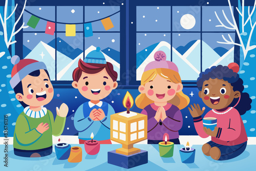 children celebrating christmas with candles and gifts, groupchildren playing with dreidels and laughing together by a large window with a wintery scene outside
