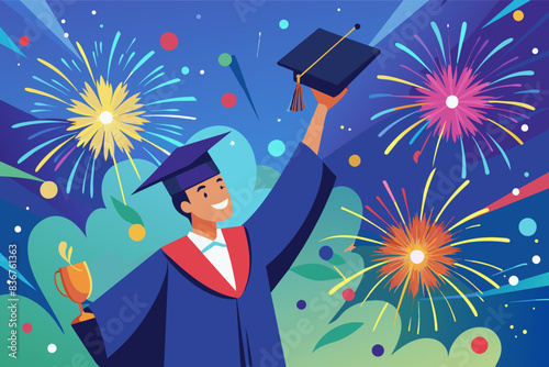 a man in graduation gown holding up a diploma, graduate tossing their cap into the air, with a burstcolorful fireworks erupting behind them