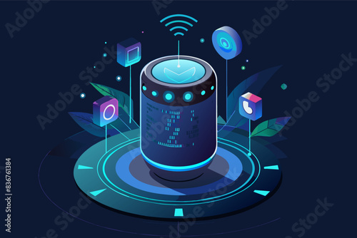 a smart speaker with a blue light on top, smart speaker, featuring a holographic interface and voice recognition capabilities