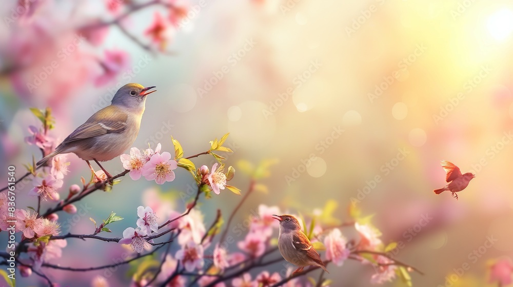 Scenery of birds sitting on flower trees and chirping Scenery of birds sitting on flower trees and chirping