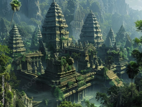  An ancient temple complex with towering spires and intricate carvings  set against a jungle backdrop. 