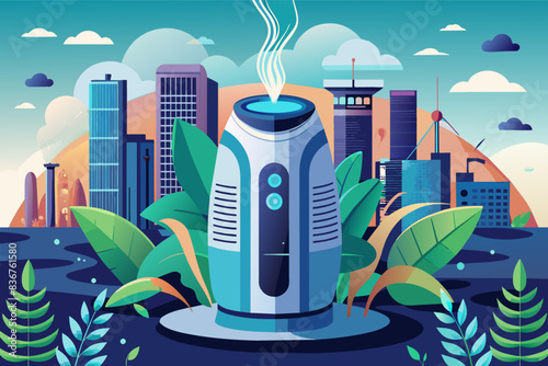 a blue and white air purifier with a city in the background, Futuristic vector designsleek, self-driving company car navigating a cityscape with ease