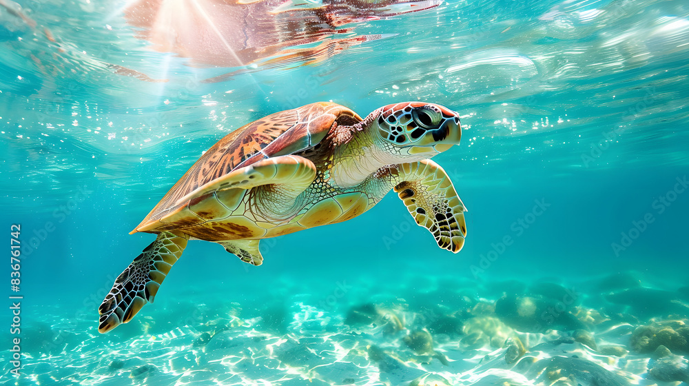 Obraz premium A green sea turtle glides gracefully through the ocean depths