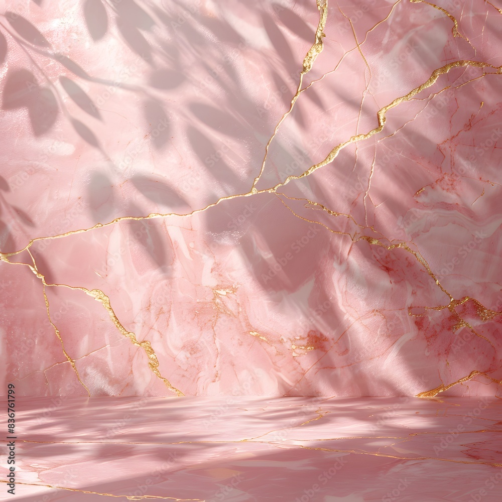 Fototapeta premium 3d render of empty pink marble room with golden cracks, minimalistic background for product presentation