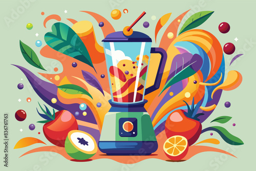a blender filled with fruit and vegetables, high-speed blender, pulverizing ingredients into a smooth and healthy concoction