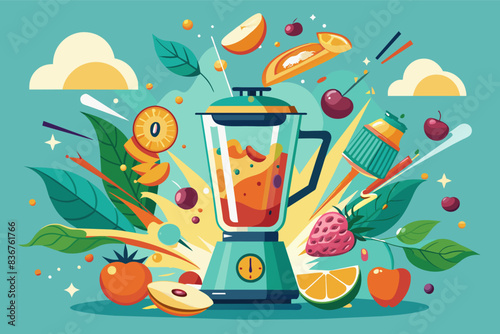 a blender filled with fruit and vegetables, high-speed blender, pulverizing ingredients into a smooth and healthy concoction