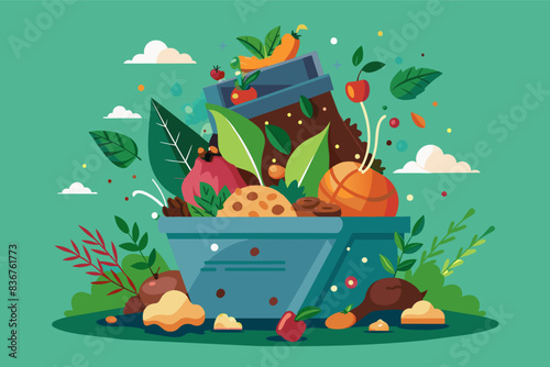 a basket full of food and vegetables, compost bin overflowing with organic waste, transforming into nutrient-rich fertilizer