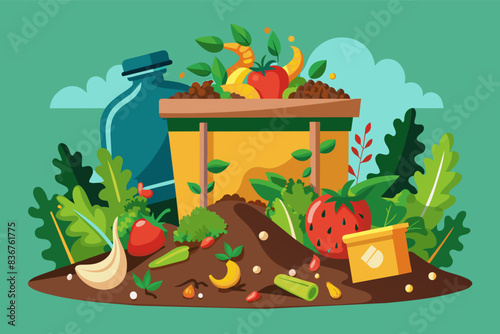 a basket full of food and vegetables, compost bin overflowing with organic waste, transforming into nutrient-rich fertilizer