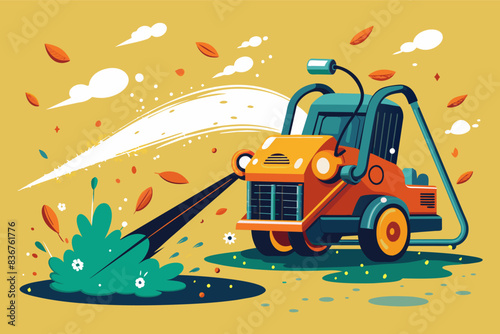 a man is using a lawn mower to cut leaves, high-pressure washer blasting away dirt and grime, leaving surfaces sparkling clean