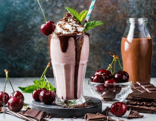 Kirschmilchshake im Glas mit frischen Süßkirschen, Schokoladensoße, Schokoladenraspeln, Sahne und Minze photo