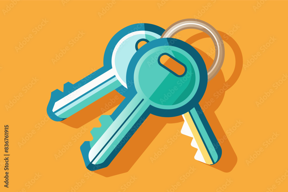 a bunch of keys sitting on top of a yellow background, setkeys on a simple key ring, symbolizing security and access to daily needs