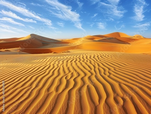 Rolling sand dunes under a vast  cloudless sky  with ripples in the sand formed by the wind. 