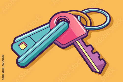 a bunch of keys sitting on top of a yellow background, setkeys on a simple key ring, symbolizing security and access to daily needs