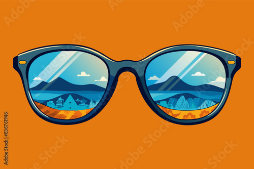 a pair of sunglasses with a mountain view in the background, paireyeglasses, showcasing the intricate frame and reflecting the world through the lenses