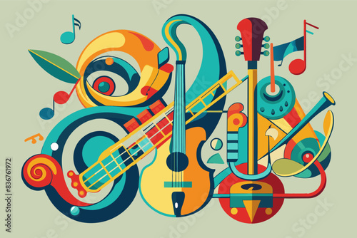 a colorful musical instrument with music notes, musical note with different instruments forming its structure, showcasing the beautymusic